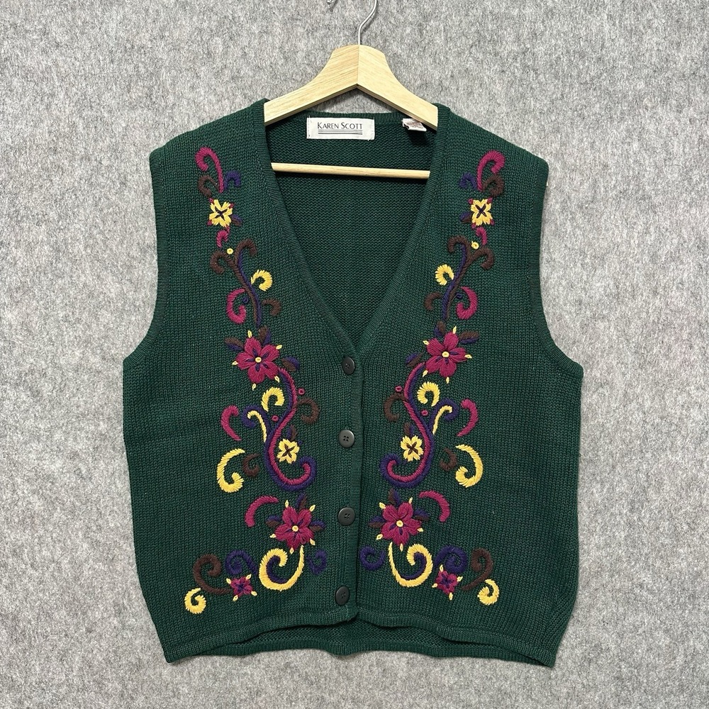 Vintage Karen Scott‎ Knit Sweater Vest Sz M Green Floral Embroidered 90's